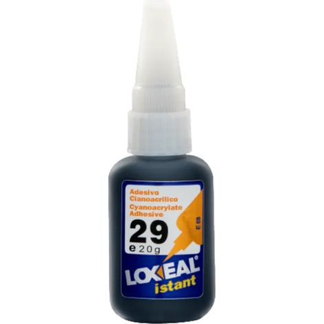 Loxeal 29 Cyanacrylatklebstoff 20 g, schwarzer, hochviskoser CA-Klebstoff für flexibles Verkleben von Metall mit Gummi und zum Füllen von Spalten.