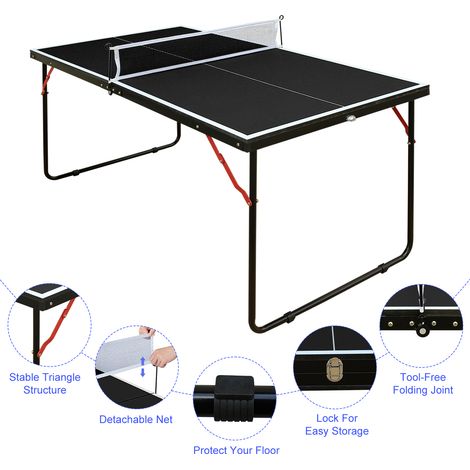 Table ping-pong pliable 137,2cm avec filet 2 raquettes 3 balles facile à ranger intérieur extérieur noir.