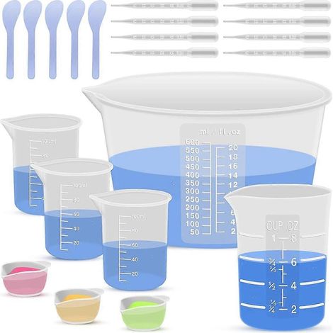 Gobelets doseurs en silicone pour le mélange de résine, bol de 600 ml/20 oz, gobelets en silicone épais réutilisables de 250 et 100 ml (1/5)