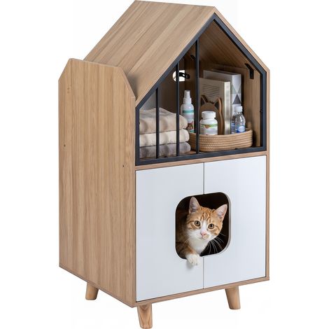Meuble Litiere Chat en Forme Maison avec Niche de Repos, Portes Doubles, Clôture en Métal, Armoire de Toilette Chat, 50x48,5x100cm, Blanc (1/5)