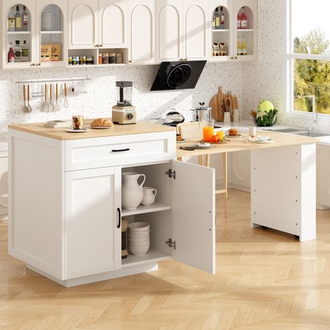 MODFU – Table haute extensible 133-202x70 cm MDF – Rangement, tiroir et roulettes verrouillables – Cuisine ou séjour – Blanc (1/5)