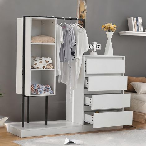 Meuble de rangement blanc avec penderie et 4 tiroirs 140 x 40 x (1/5)