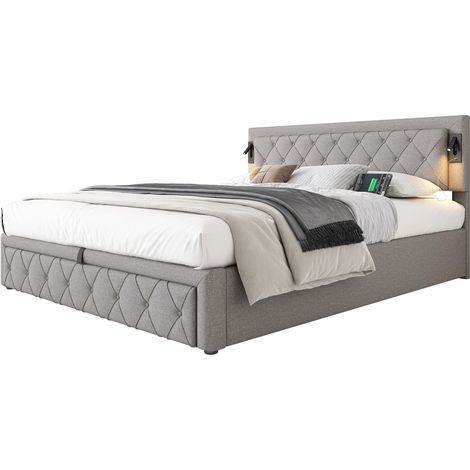 Lit coffre 180x200 cm avec éclairage LED, ports USB, tête de lit capitonnée en tissu gris, sommier à lattes en bois et rangement - CHICFURN (1/5)