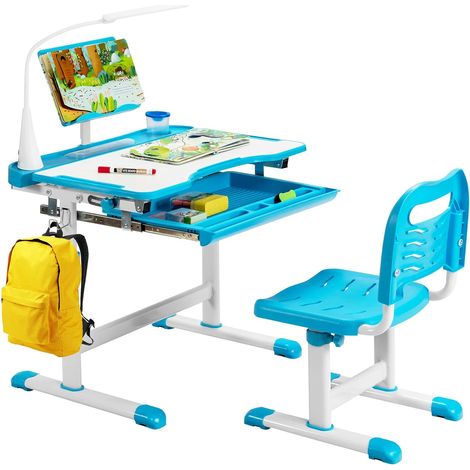 Costway – Bureau enfant réglable en hauteur avec chaise – Éclairage LED amovible – Plateau inclinable 0-45° – Tiroir coulissant – Bleu (1/5)