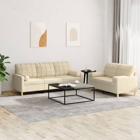 2-tlg. Sofagarnitur mit Kissen Creme Stoff vidaXL