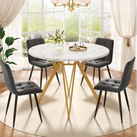 MEUBLIV Rundes Esszimmer-Set 100 cm mit 4 grauen Stühlen und goldfarbenen Metallbeinen (1/5)