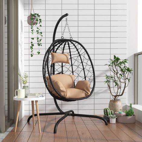 Chaise design - Chaise suspendue en forme d'œuf avec coussin taupe BV946092 - BonneVie (1/5)
