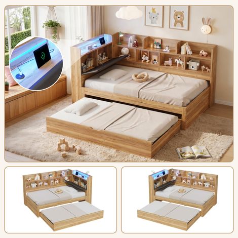 Kinderbett, Stauraumbett 90x200 mit LED-Beleuchtung, USB Ladeanschlüsse und Ausziehbett 90x190cm, Tagesbett, L-förmiges Holzbett, Daybett mit Regale, Naturfarbe (1/5)