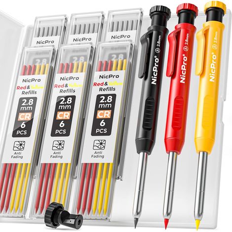 3 Pièces Porte Mines, Crayon Chantier avec 36 Recharges, Crayons Charpentier Marqueur à trou Profond, Crayon Menuisier pour Architecte Menuisier (Rouge, Jaune, Noir) (1/5)