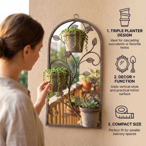 69cm Wall Mirror with Triple Planter - L15 x W33 x H69 cm
