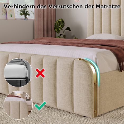 Lit double rembourré avec tête de lit capitonnée, liserés dorés, port de charge USB-C, 180x200 cm, lin beige, 4 tiroirs, charge max 226 kg (sans matelas) (1/5)