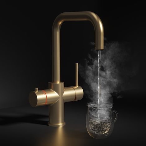Brushed Brass 3 in 1 Instant Boiling Hot Water Kitchen Tap J Spout Cool Touch