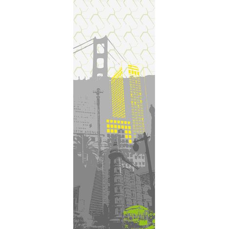 Papier peint panoramique urbain San Franscisco | Tapisserie panoramique jaune & grise moderne | Papier peint panoramique couloir & chambre ado - 280 x 100 cm (1 pièce) (1/2)