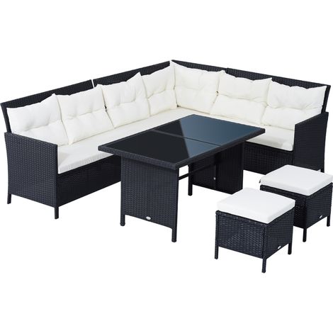 8-Seater Garden Rattan Furniture Rattan Corner Dining Sofa Set Wicker Conservatory Furniture Lawn Patio Coffee Table Foot Stool w/Cushion-Black (1/5)