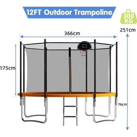 12FT Outdoor Trampoline With Basketball Hoop, Garden Trampoline With Safety Net & Ladder, Available For Toddlers And Adults, Up to 150kg