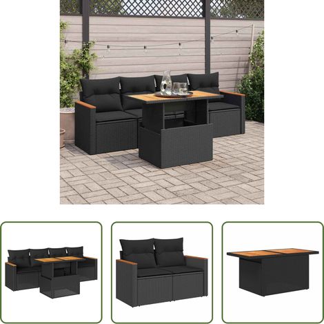 vidaXL Rattanmöbel - 5tlg. Garten-Sofagarnitur mit Kissen Schwarz Poly Rattan Akazie (1/5)