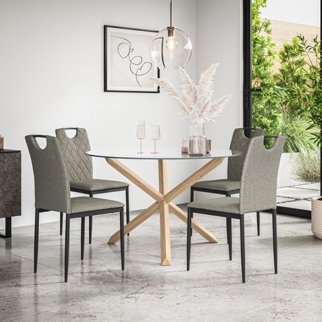 Malvern Round Dining Table And Chairs - Clear Glass Table Top w Solid Oak Legs + Monza Fabric Dining Chair Set Of 4 (Grey) (1/5)