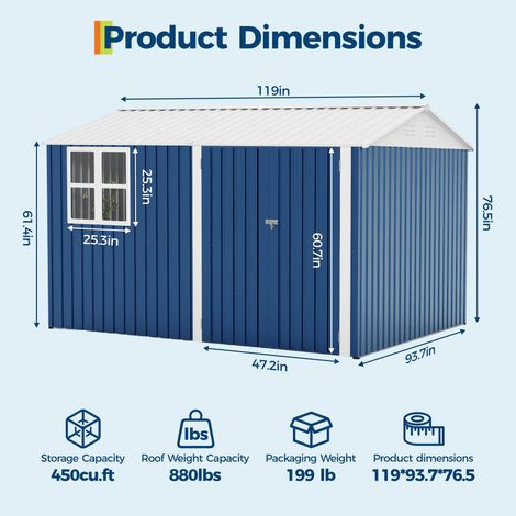 Abri Jardin Métal 8x10 FT(2,4x3,6m) - Cabane Rangement 450CUFT avec Fenêtre, Porte Verrouillable, Abri Outils Toit Incliné(Bleu) (1/4)