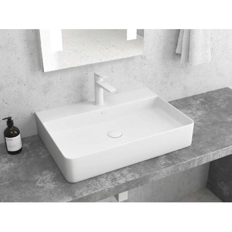 Vasque blanche rectangulaire monotrou à poser 50x42x12 cm (1/2)
