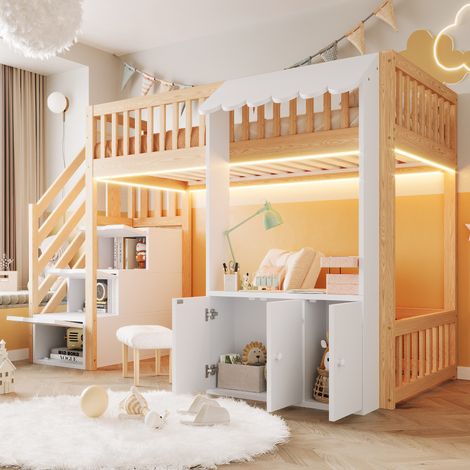 Lit mezzanine 90x200 avec escalier rangement et LED - Pin massif et MDF - Coffre de rangement - Espace sous lit modulable - Charge 120kg - Bois (1/5)