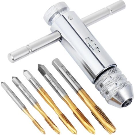 Tarauds et Filières Tourne a Gauche Coffret Taraud,Tarauds à main, Cliquet Réglable Clé pour Porte-taraud à Poignée en T HSS M3 M4 M5 M6 M8 Métrique Outils de Filetage