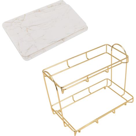Étagère de rangement pour salle de bain, dorée et blanche, à 2 niveaux, pour maquillage, structure ergonomique, antidérapante, à poser sur le comptoir (taille S). (1/5)