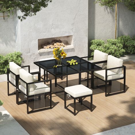 Ensemble table et chaises de jardin d'extérieur 7 Pcs pour 6 personnes, table en verre trempé avec coussins blancs, cadre en métal, noir (1/5)