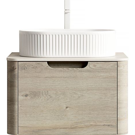 Meuble vasque suspendu 60 cm avec vasque ovale blanche, plan en travertin sinterisé, armoire en contreplaqué courbé avec tiroir, préassemblé, finition chêne crème (1/5)