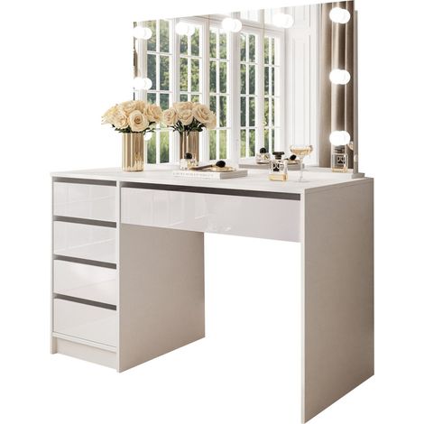 Schreibtisch Lusiana, Modulierbar, 4 Schubladen, Kabeldurchlässe, 120x55x143h cm Weiß Hochglanz