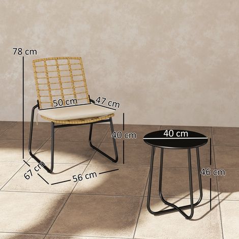 Salon de jardin rotin pour 2 personnes 3 pièces : 2 chaises empilables + table + coussins, résistant, pour terrasse et balcon, beige + marron