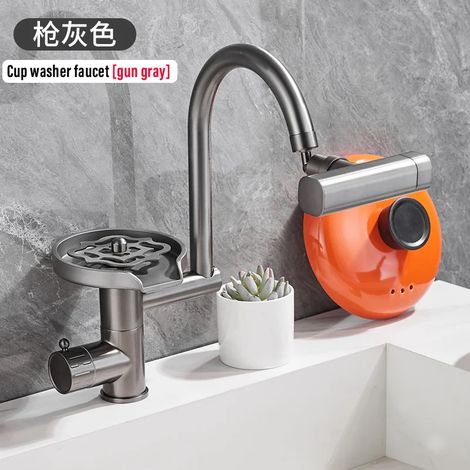 Évier de cuisine cascade en acier inoxydable gris anthracite avec porte-couteaux et robinetterie à affichage numérique. (1/5)