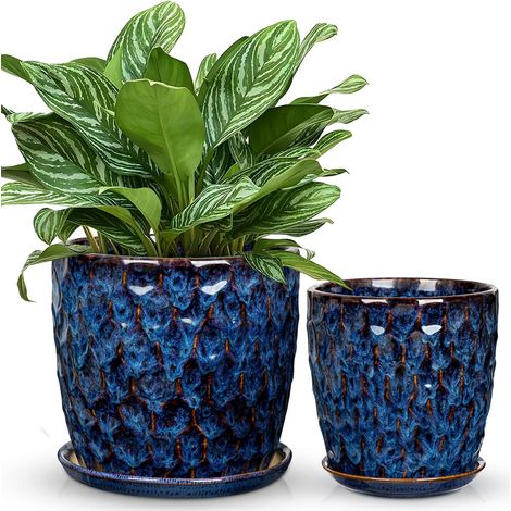 Lot de 2 pots de fleurs en céramique émaillée bleu avec drainage et soucoupe - Pot de fleurs décoratif en céramique pour plantes d'intérieur, plantes grasses, cactus, pots de fleurs (1/5)
