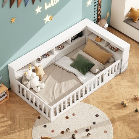 Letto per Bambini 90x200 cm con Comodino e Contenitore, Presa e USB, Ringhiera di Sicurezza, Truciolato, Bianco (Senza Materasso) (1/5)