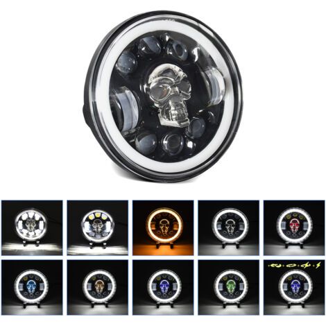 BUNTHAUS Phare LED Motocyclette 5.75 Pouces avec Design Crâne, Feu de Route/Croisement, DRL, Clignotant et Anneau Ange Coloré - Personnalisation Unique, Haute Luminosité (1/5)