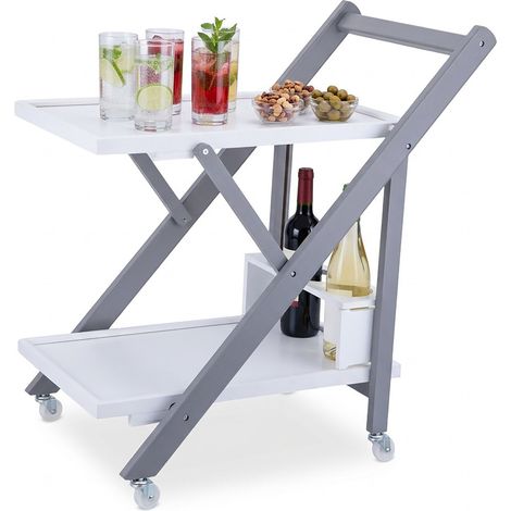 Relaxdays Servierwagen Bambus, Küchenwagen klappbar, Flaschenhalter, Rollwagen 2 Etagen, HBT: 70x44x39,5 cm, weiß-grau