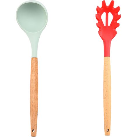 Ensemble Ustensiles Cuisine Silicone - Manche Bois Naturel - Résistant Chaleur Antiadhésif - Lot De 2 Pièces (1/5)