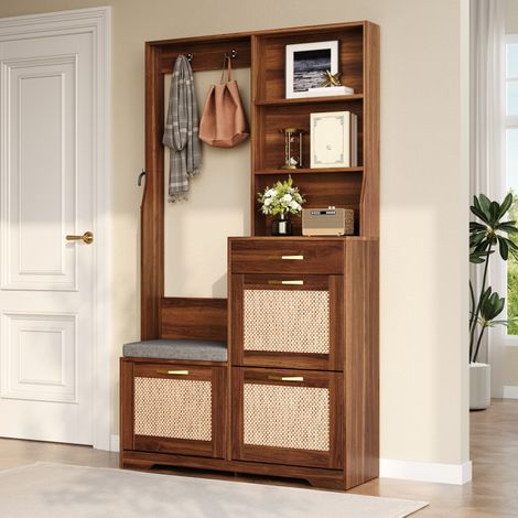 Meuble rangement entrée avec banc MDF noyer HAVRYA (1/5)