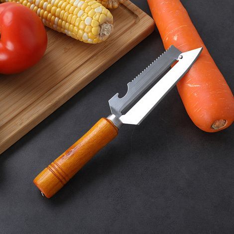 Couteau multifonctionnel en acier inoxydable avec manche en bois, éplucheur à fruits, couteau à légumes, écailleur à poisson et ouvre-bouteille. (1/5)