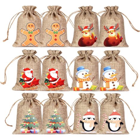 Lot de 12 sacs cadeaux de Noël en toile de jute, sacs à cordon en toile de jute, petits sacs en toile de jute pour bonbons et biscuits, pochettes à friandises pour les fêtes d'enfants