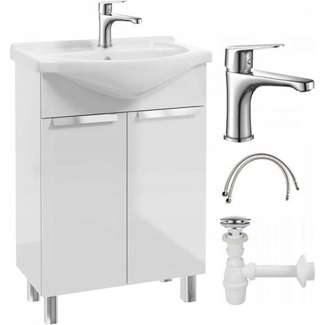 Badezimmerschrank mit Waschbecken auf Beinen 85x60, stehend, weiß Lily, mit länglichem Chromhahn