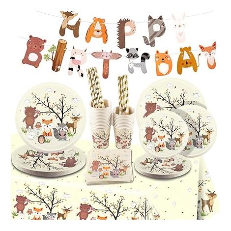 vaisselle de fête d'anniversaire, motifs d'animaux de la forêt, safari, assiettes en papier, tasses, serviettes, pailles en papier, jetables, pour mariage, (beige) (1/5)