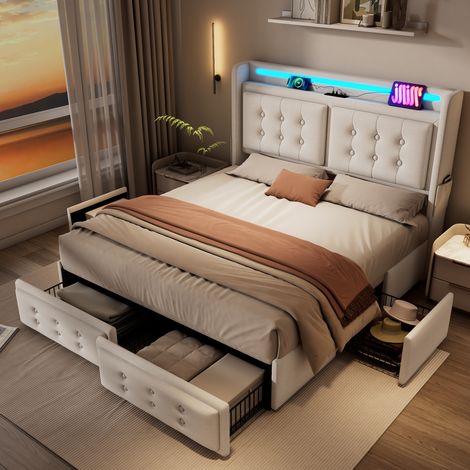 Cama tapizada moderna 180x200 cm beige de algodón-lino, con cabecero LED, USB/Type-C, 4 cajones y somier de láminas (1/5)