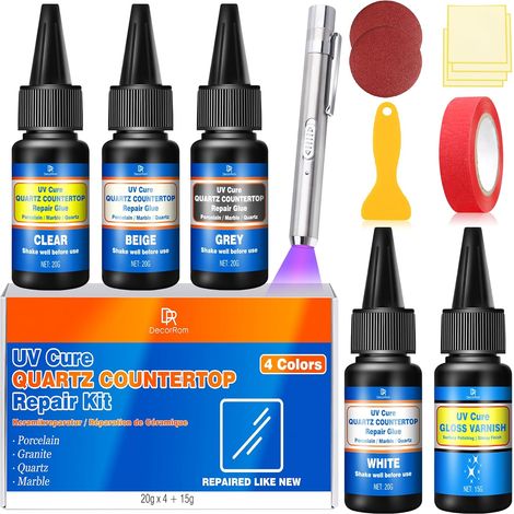 Kit de réparation pour carrelage, 4 couleurs (blanc, beige, gris, transparent) - Durcissement UV - Émail et céramique - Séchage rapide pour la réparation du granit, des baignoires, du quartz et de la (1/5)