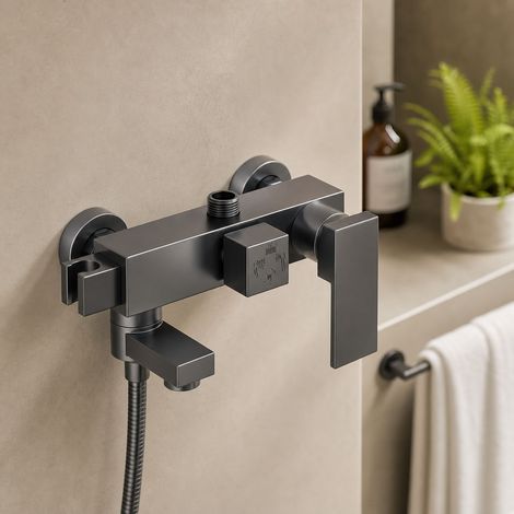 Kit Douche Mitigeur Monotrou Laiton Massif Gris Foncé 4 Sorties avec Pomme de Douche Effet Pluie et Accessoires Inclus (1/5)