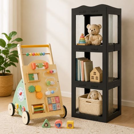 Set da gioco in legno per bambini (2 pezzi) – Girello e libreria angolare girevole a 3 ripiani (1/5)