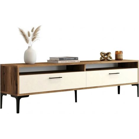 TV-Schrank Cantoira, 2 Regale, 2 Türen, 4 Fächer, 180x47x35h cm Cremeweiß