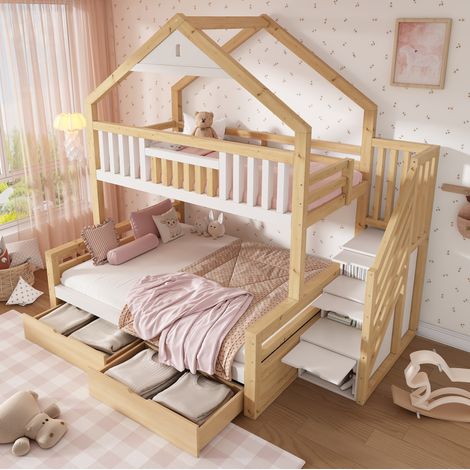 Etagenbett 254x148x230 cm Weiß & Eiche Massivholz mit Treppe, Schubladen und Giebeldach (1/5)