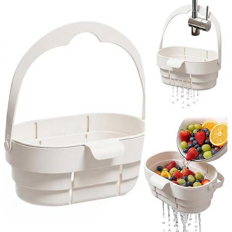 Passoire suspendue pliable avec couvercle rabattable Plastique durable sans BPA résistant à la chaleur jusqu'à 80 °C. Idéale pour les éviers et les plans de travail de cuisine. (1/5)