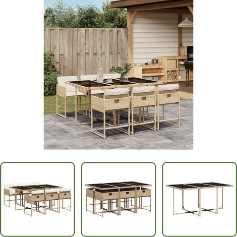 Gartentisch - 7-tlg. Garten-Essgruppe mit Kissen Beige Poly Rattan (1/5)