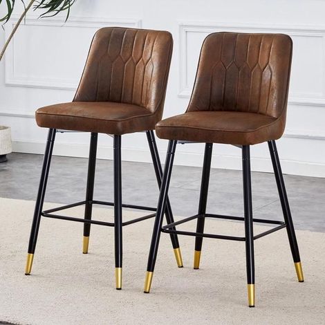 Tabouret de bar - KOMHTOM - 100 cm - Tissu marron - Pieds métal noir - Lot de 2 (1/5)